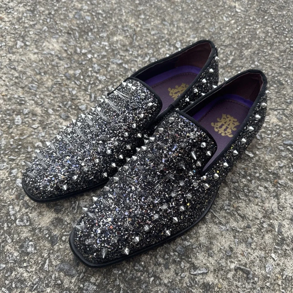 After Minute Black Spikes Slip-On Smoking‎ Men's Prom Dress Shoes Sz 7 Glitter
